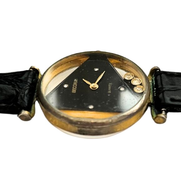 Vintage Becora Quartz Analog Wristwatch with Black Leather Band Gemstone Accents - Picture 5 of 5